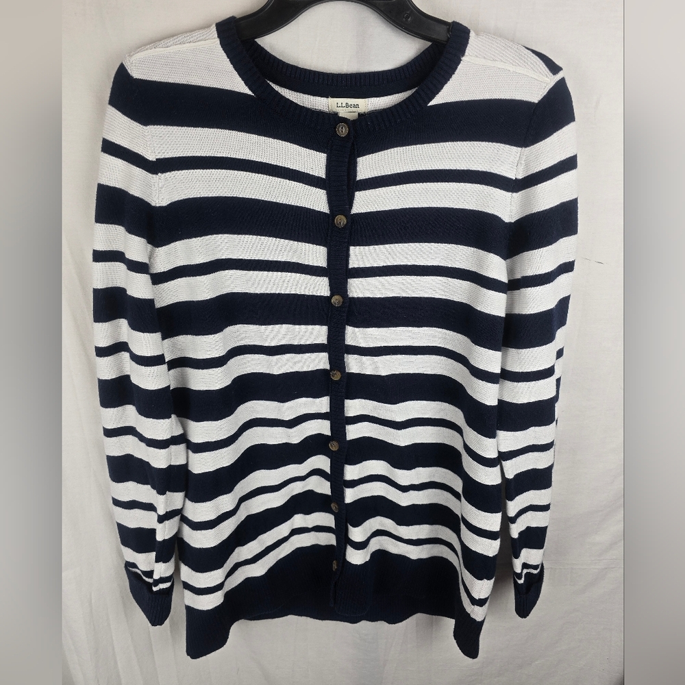 L.L. Bean Navy White Striped Cotton Cashmere Blend Button Up Women Sweater Sz M